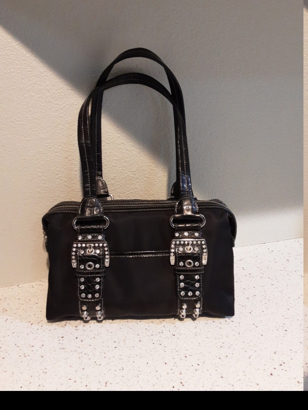 Kathy Van Zeeland Black Studded Satin Shoulder Bag